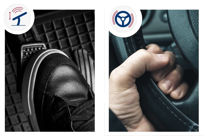 What-Is-Brake-Judder-Graphic A shoe pressing a brake peddle down on the left side, and on the right there is a hand is firmly grasping a steering wheel to show that it is shaking as you press the brake peddle down.